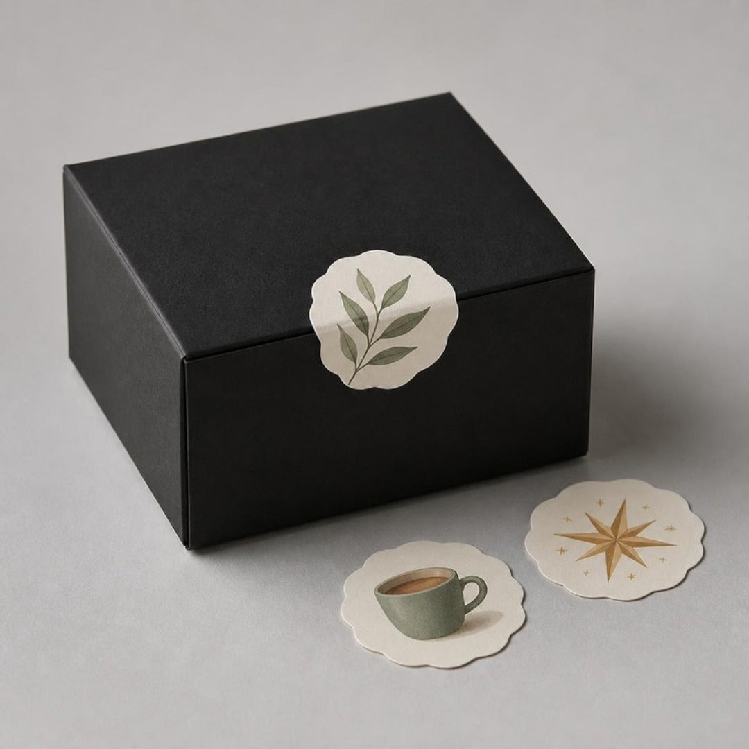 Custom matt paper stickers used as seals on a black gift box