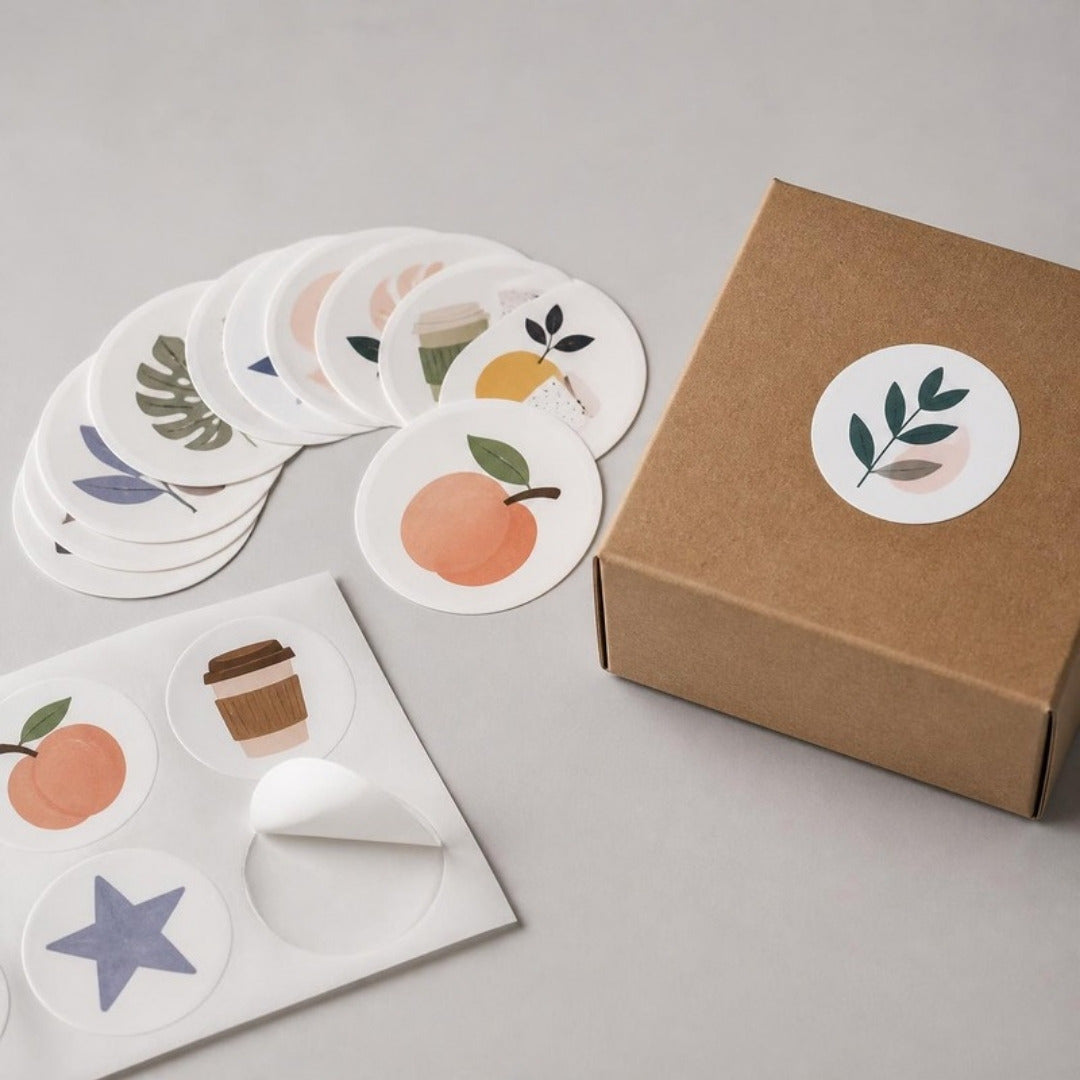 Custom paper stickers on a backing sheet next to a kraft box