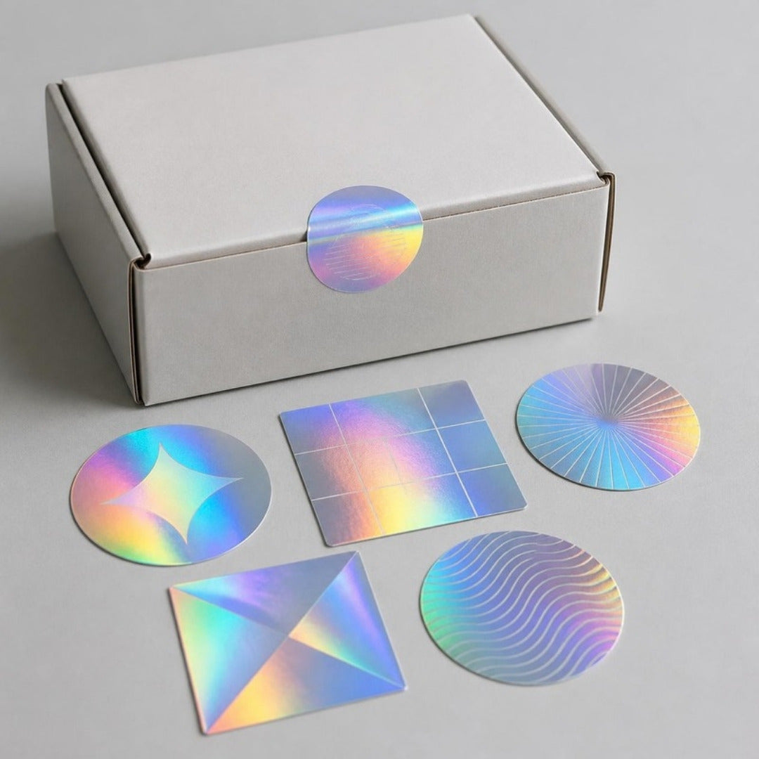 Holographic silver stickers with rainbow shine on a product box