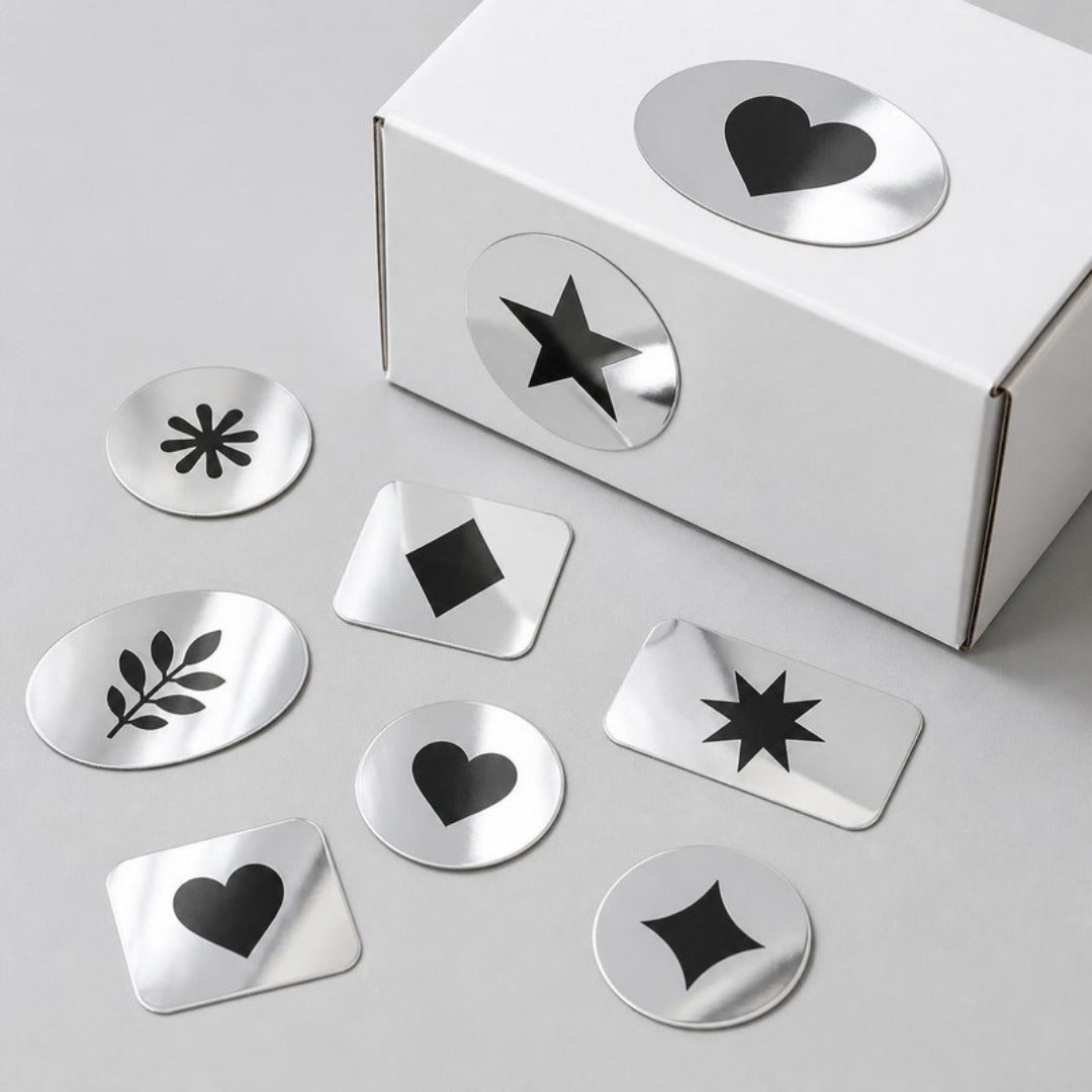 Shiny chrome silver stickers on a white box