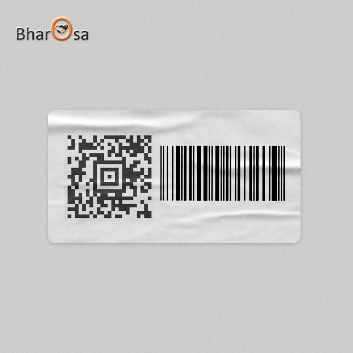 Barcode and QR code label on a gray background with 'BharOsa' branding.