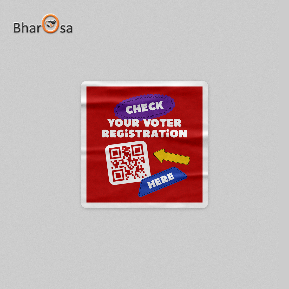 Red poster with text 'Check your voter registration' and a QR code on a gray background