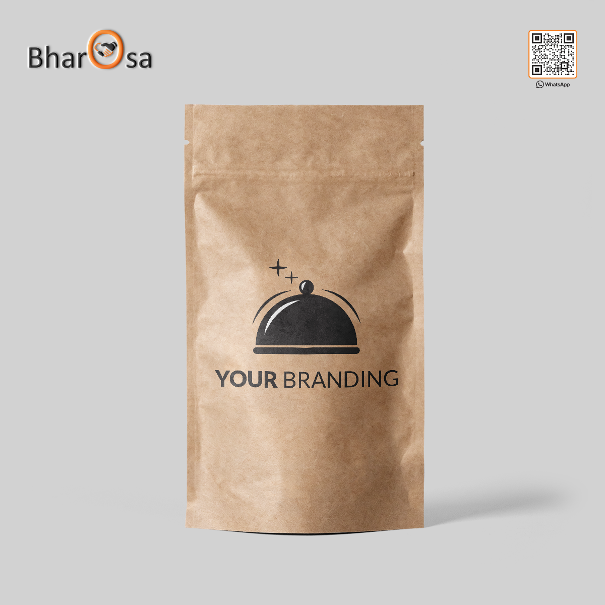 A brown kraft paper stand-up pouch with a custom logo and text 'YOUR BRANDING' printed on the front.