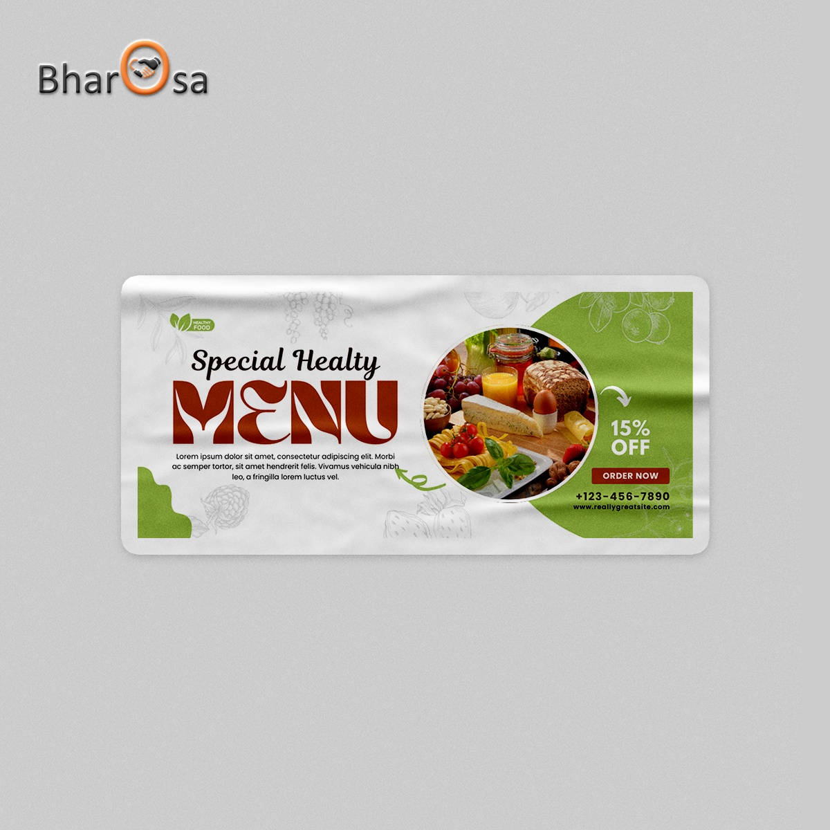Bharosa food packaging with 'Special Healthy Menu' and promotional offer on a gray background