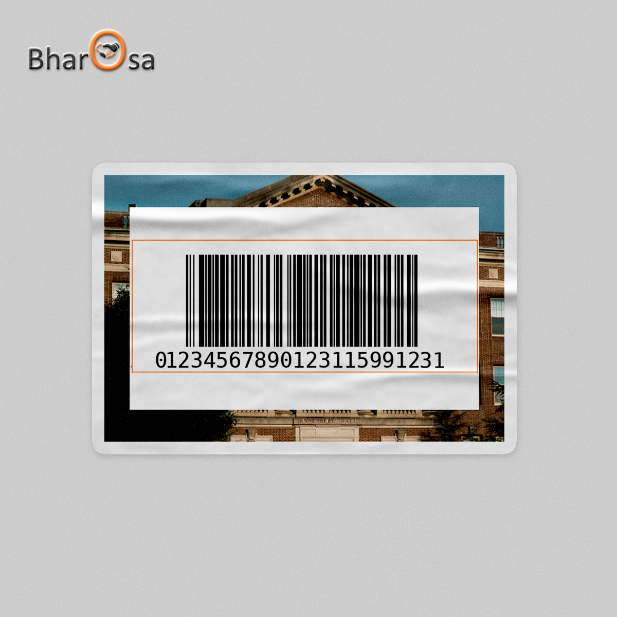 Barcode label with a building in the background, featuring the Bharosa brand.