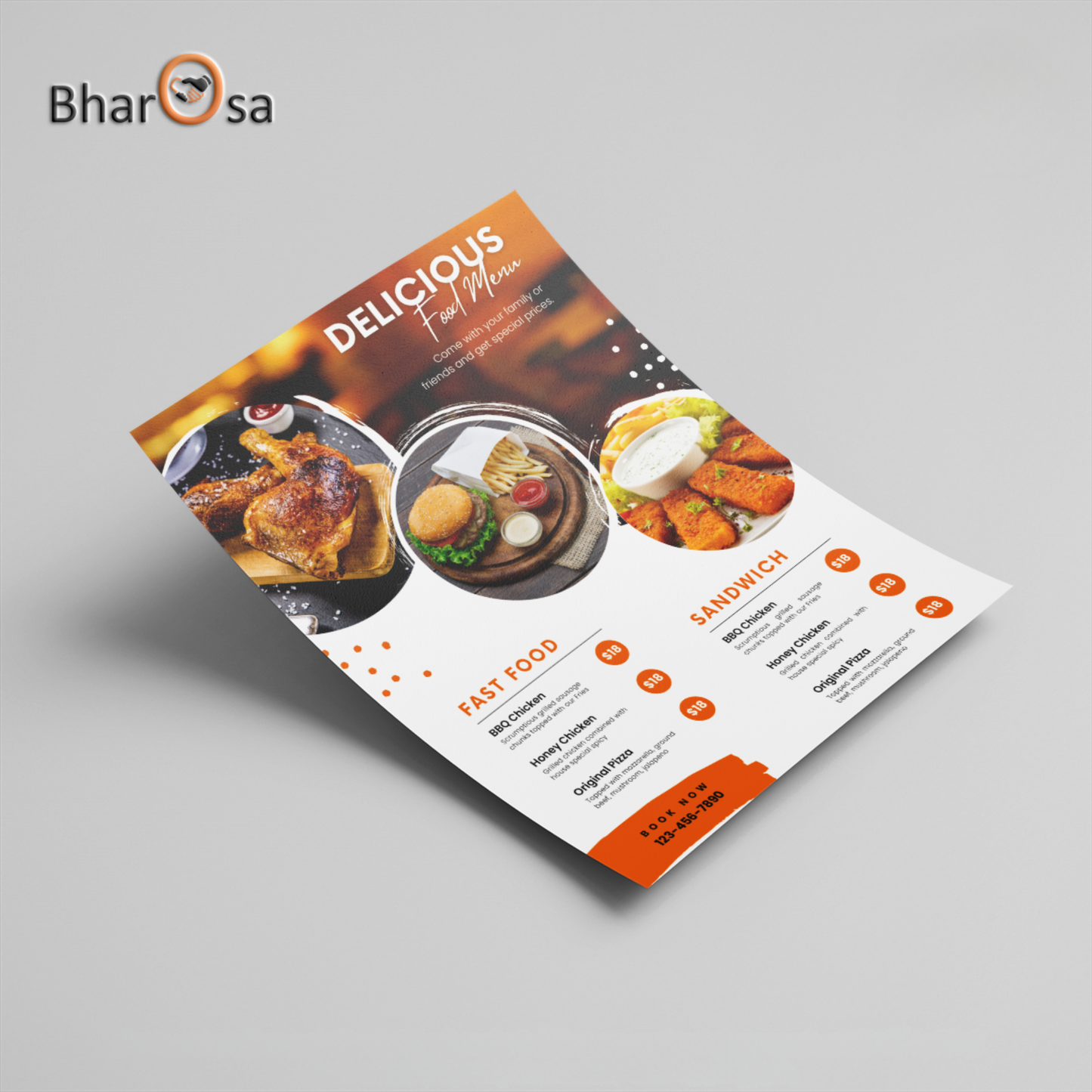 Bharosa menu card with food images and text on a gray background