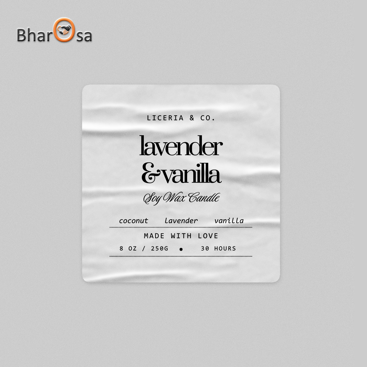 LICERIA & CO. lavender & vanilla candle packaging on a gray background
