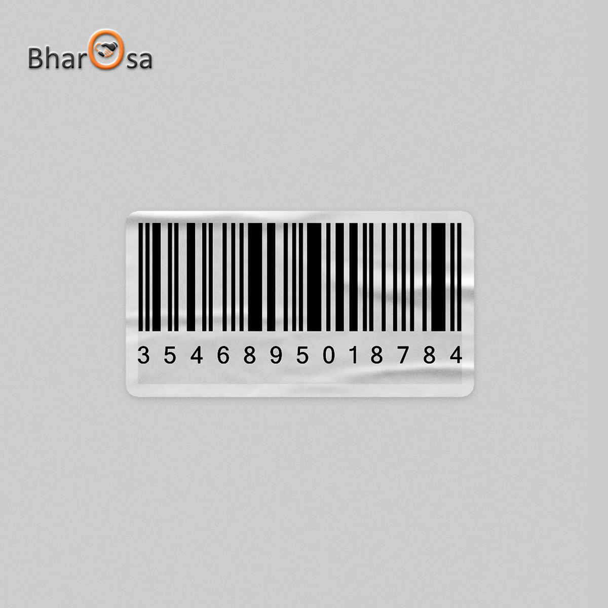 Barcode label with numbers on a gray background, featuring the brand 'Bharosa'.