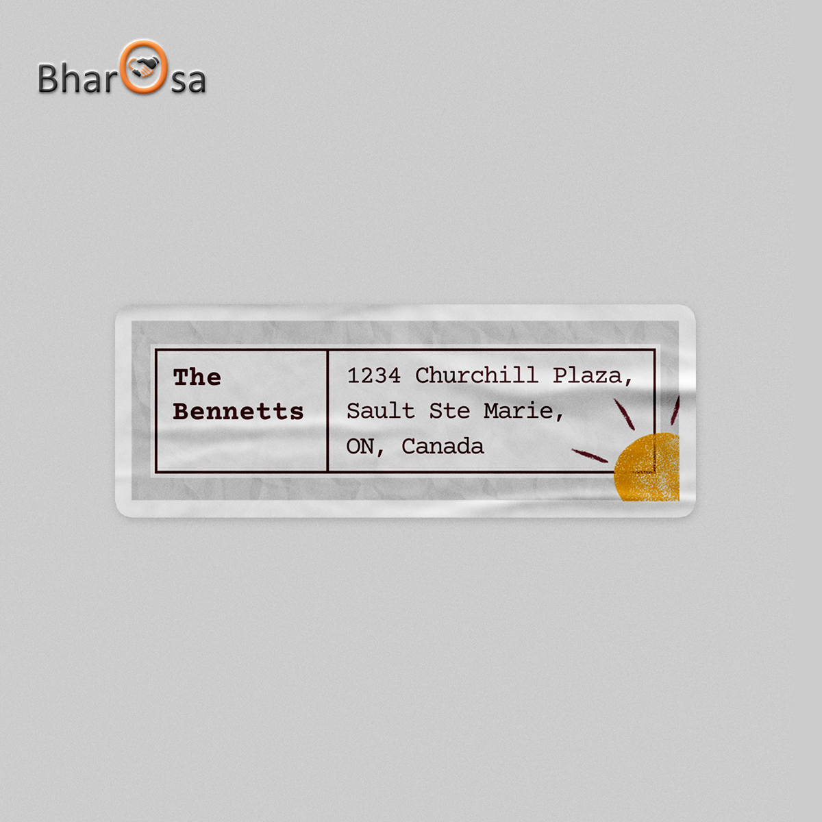 Personalized address label with 'Bharosa' branding on a gray background