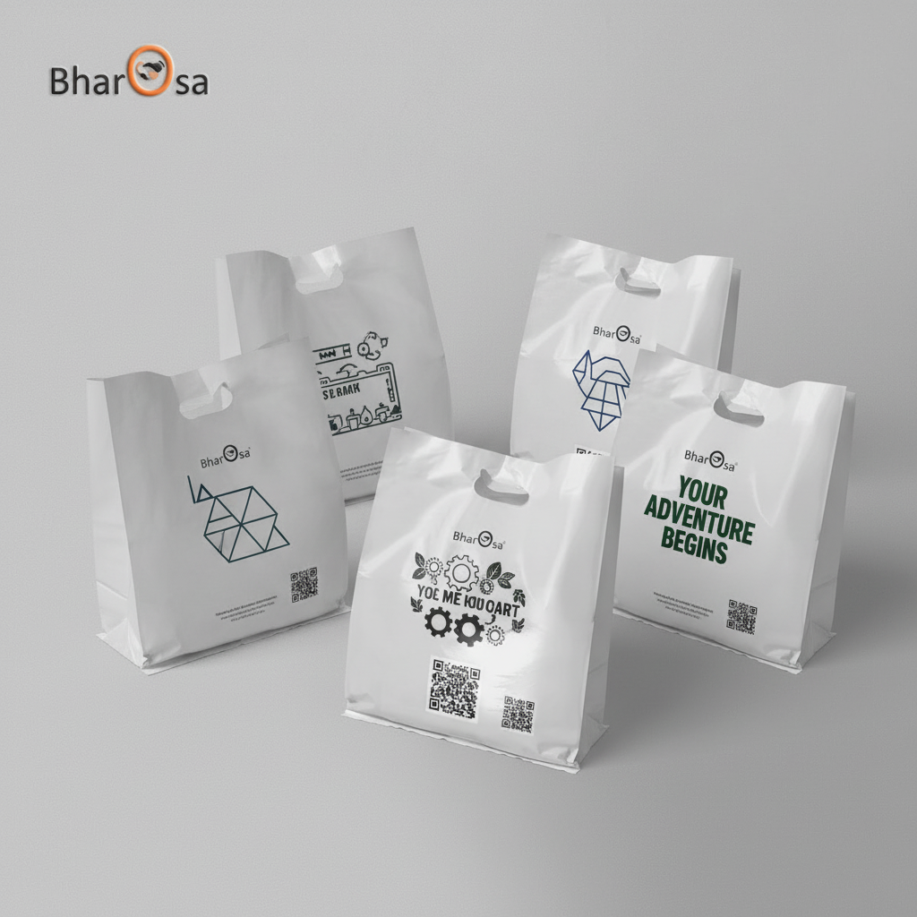 White bags with black text and graphics on a gray background, featuring the Bharosa brand.