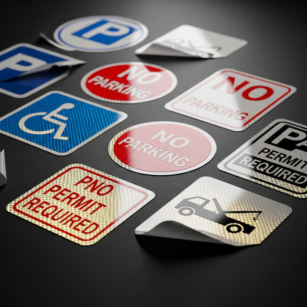 Collection of various no parking and permit required signs on a dark surface