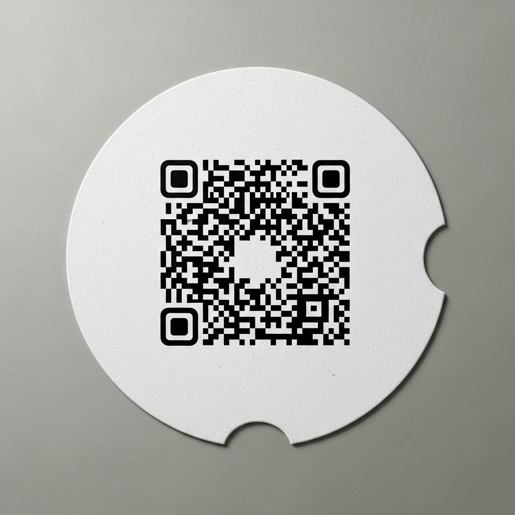 Round white coaster with a QR code on a gray background