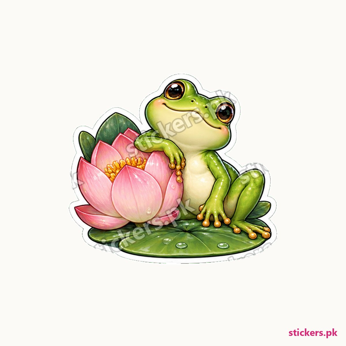 Glossy Green Pond Frog Lotus Bloom Sticker die-cut sticker