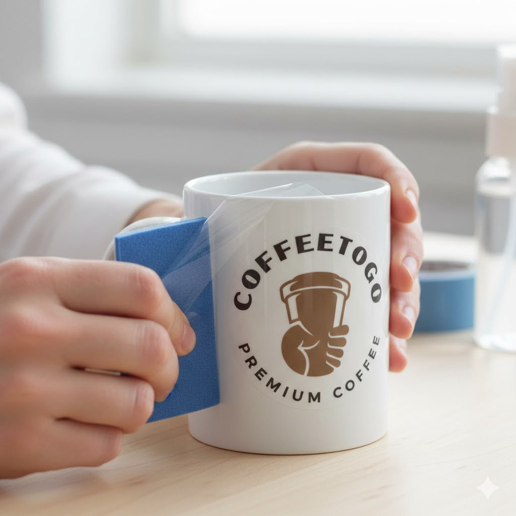 Person holding a white coffee mug with 'COFFEE TO GO' branding on a wooden surface.