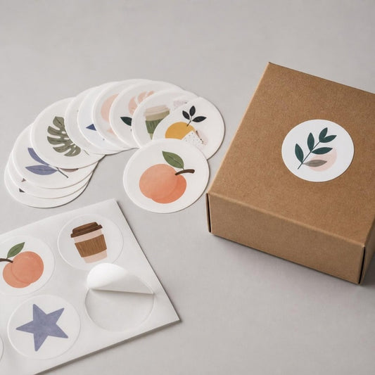 Custom paper stickers on a backing sheet next to a kraft box