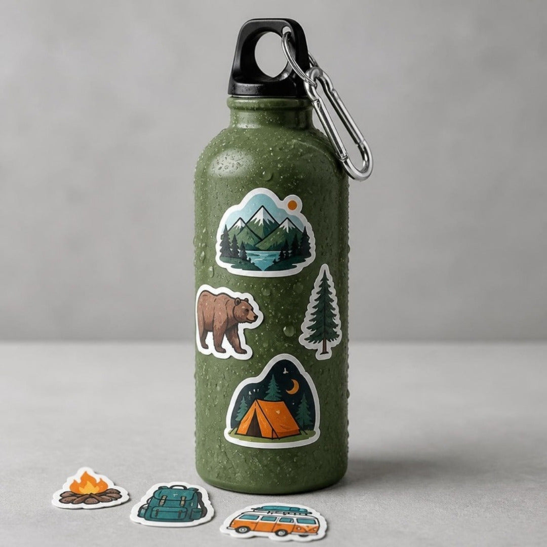 Waterproof PVC vinyl stickers on a metal water bottle