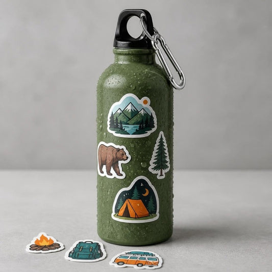 Waterproof PVC vinyl stickers on a metal water bottle