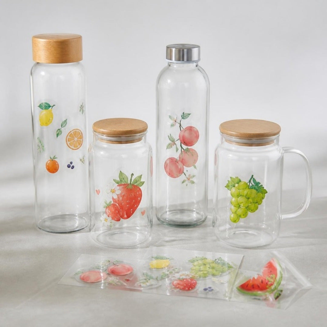 Clear transparent stickers on glass bottles with a no-label look