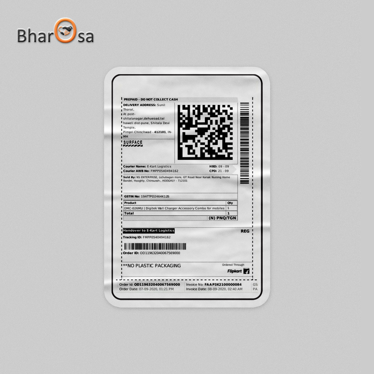 Shipping label with Bharosa logo on a gray background