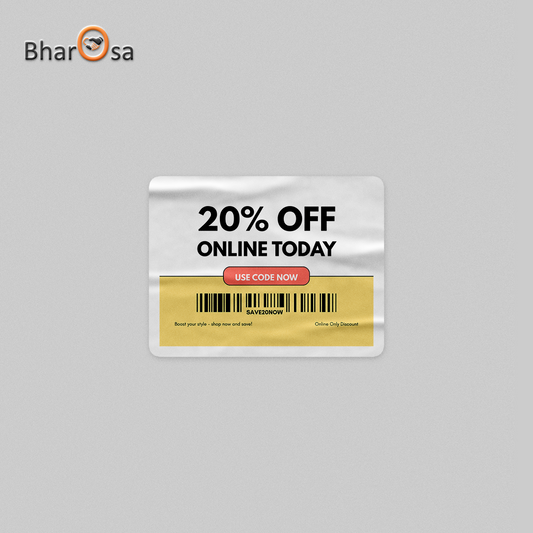Digital discount voucher with 20% off offer on a gray background, featuring the Bharosa brand.
