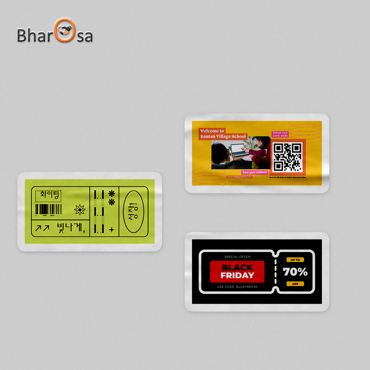 Three promotional stickers with different designs on a gray background, featuring the Bharosa brand.