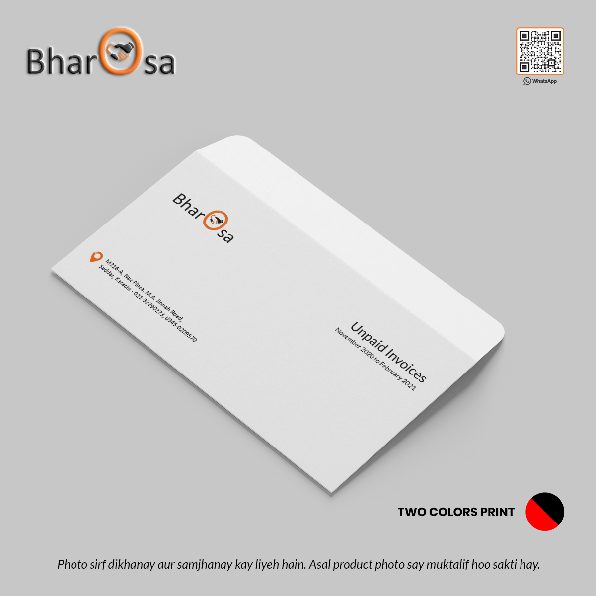A personalized white envelope with the 'Bharosa' brand logo and text, indicating a two-color print option.