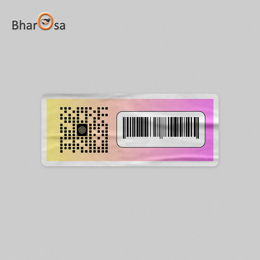 Colorful label with QR code and barcode on a gray background, featuring the Bharosa brand.