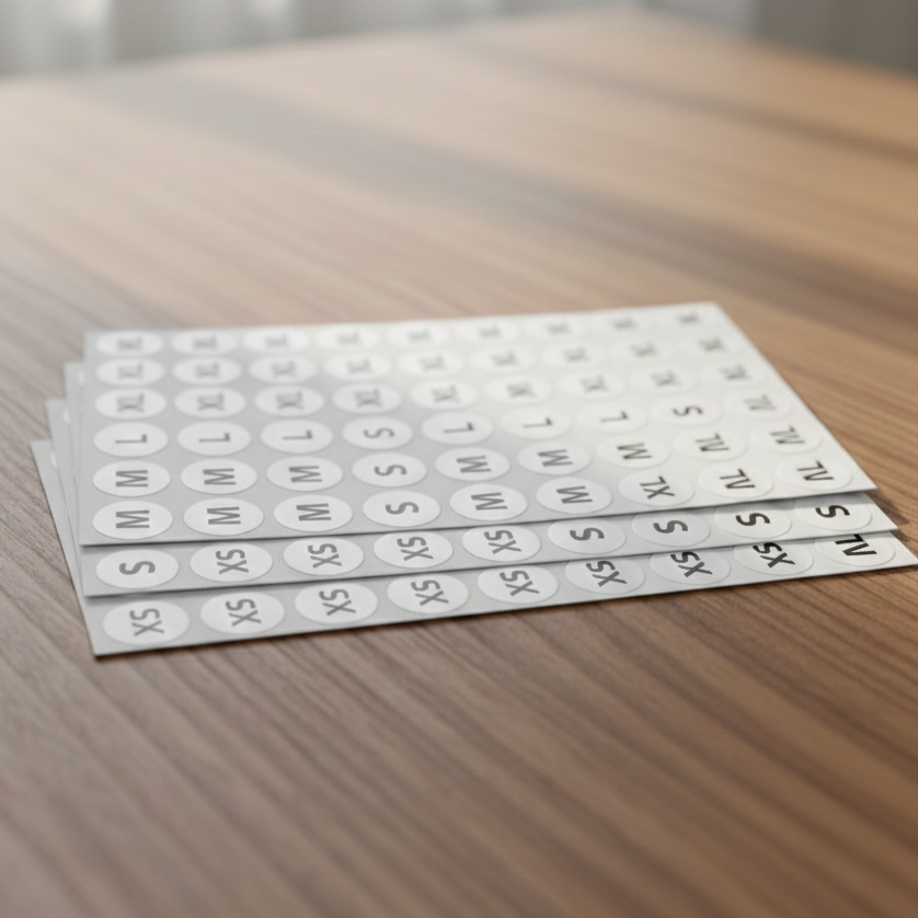 Set of size labels on a wooden surface