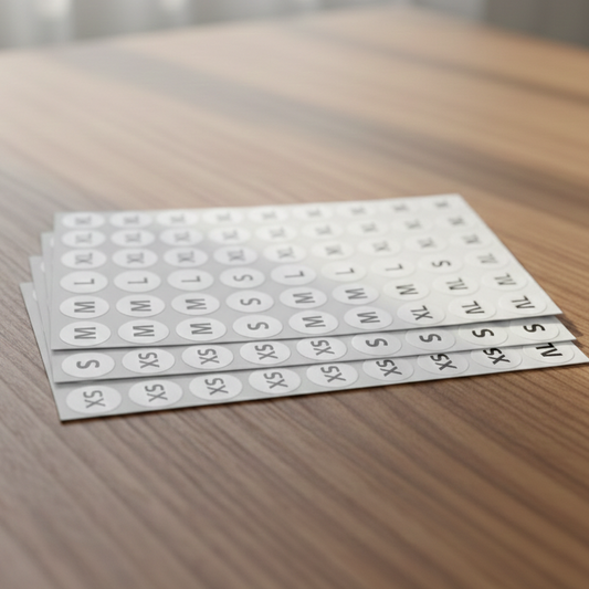 Set of size labels on a wooden surface