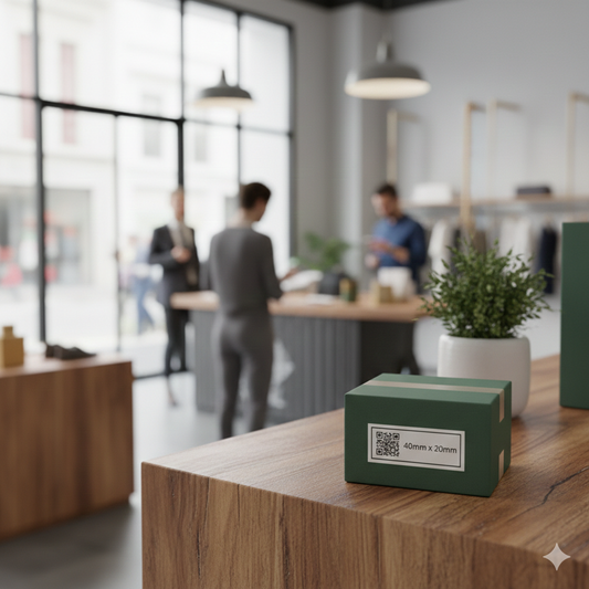 Green box with a QR code on a wooden surface in an office setting