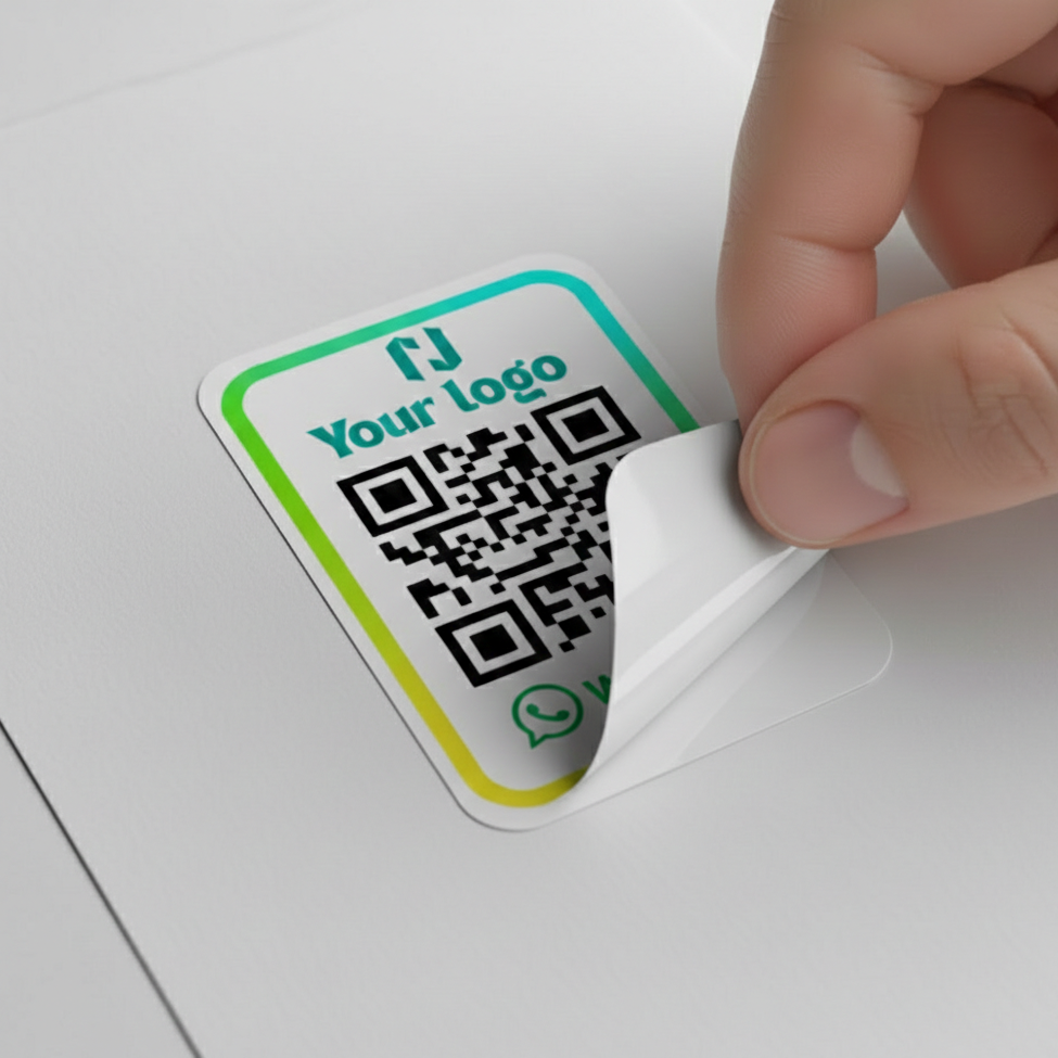 Hand applying a QR code sticker with customizable logo on a white surface
