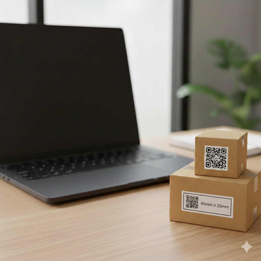 Two cardboard boxes with QR codes on a desk next to a laptop