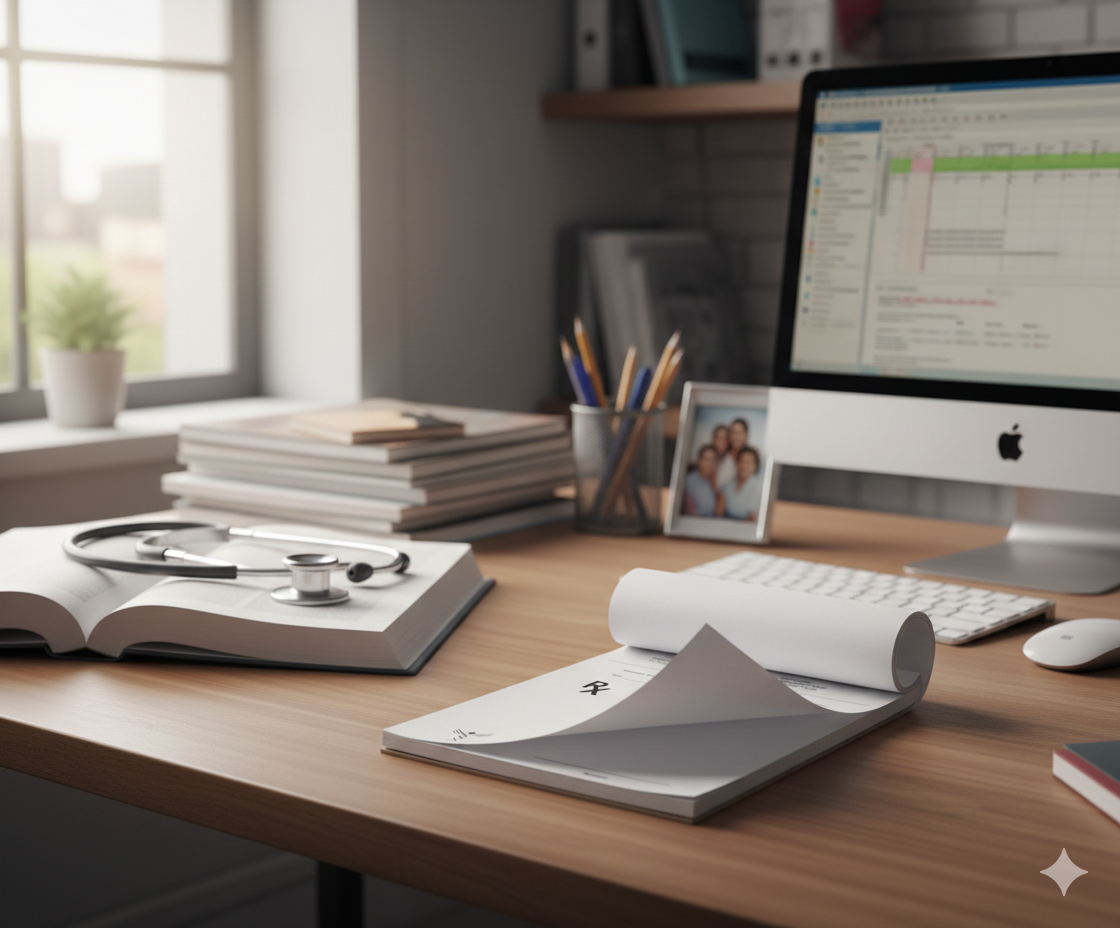 Home office desk with computer, books, and stationery