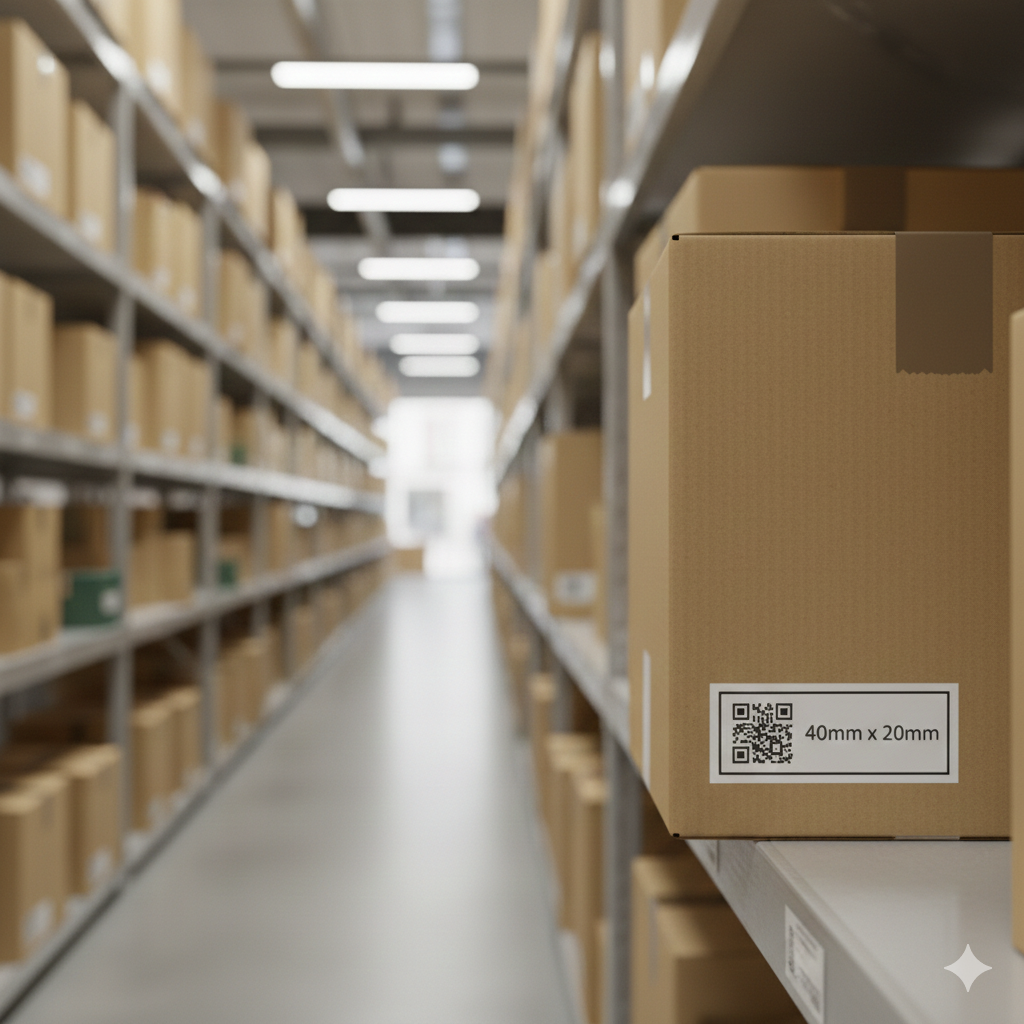 Cardboard boxes on shelves with a QR code label in a warehouse setting