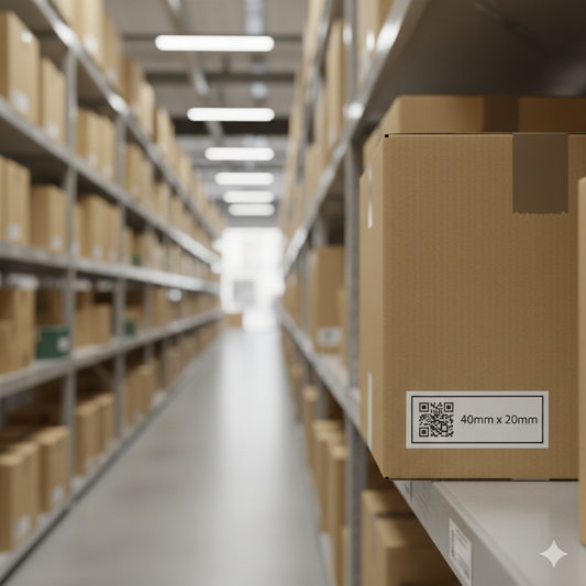 Cardboard boxes on shelves with a QR code label in a warehouse setting