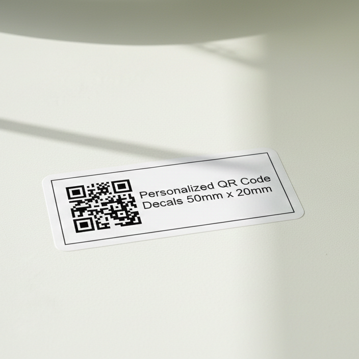 Decal with QR code and text on a white surface with office clips.
