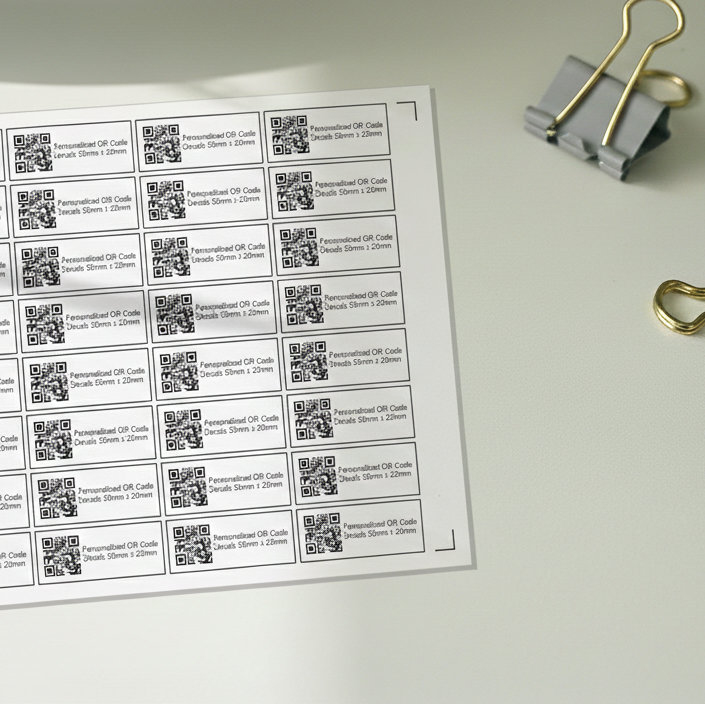 Sheet of labels with QR codes on a white surface with office supplies.