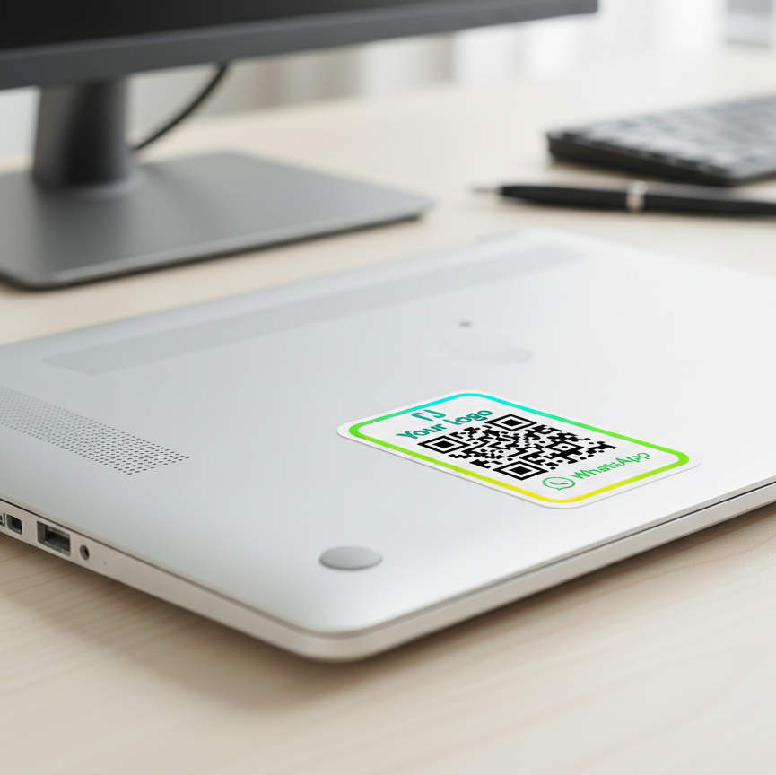 Laptop with a QR code sticker on a desk with a computer monitor and keyboard in the background.