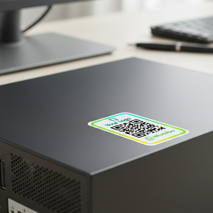 Computer case with a QR code sticker on a desk
