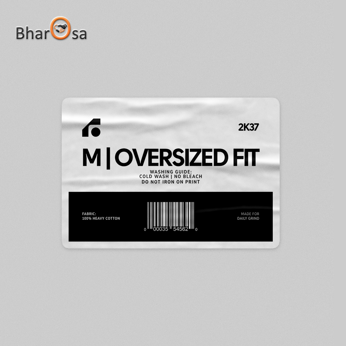 Fabric label with 'Bharosa' branding on a gray background