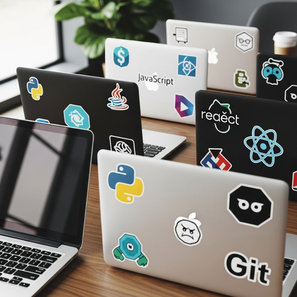 Multiple laptops with programming language stickers on a desk