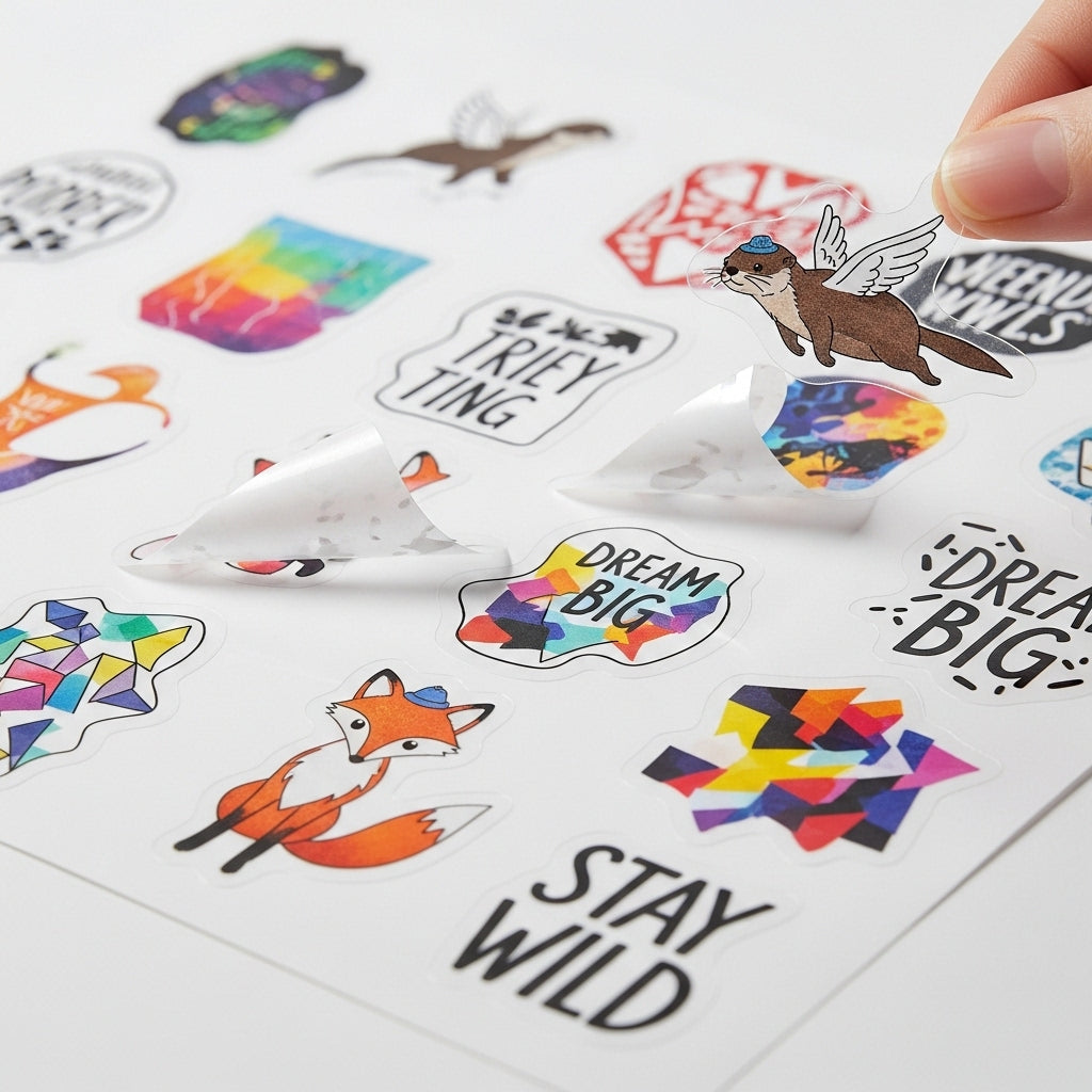 Collection of colorful stickers with various designs on a white surface.