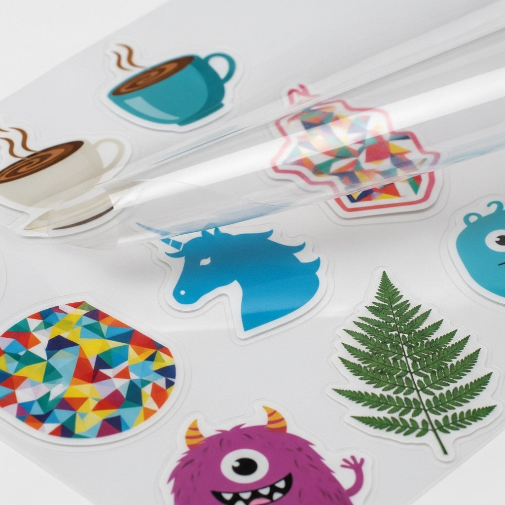 Collection of colorful stickers including a coffee cup, unicorn, geometric pattern, and monster on a white background.