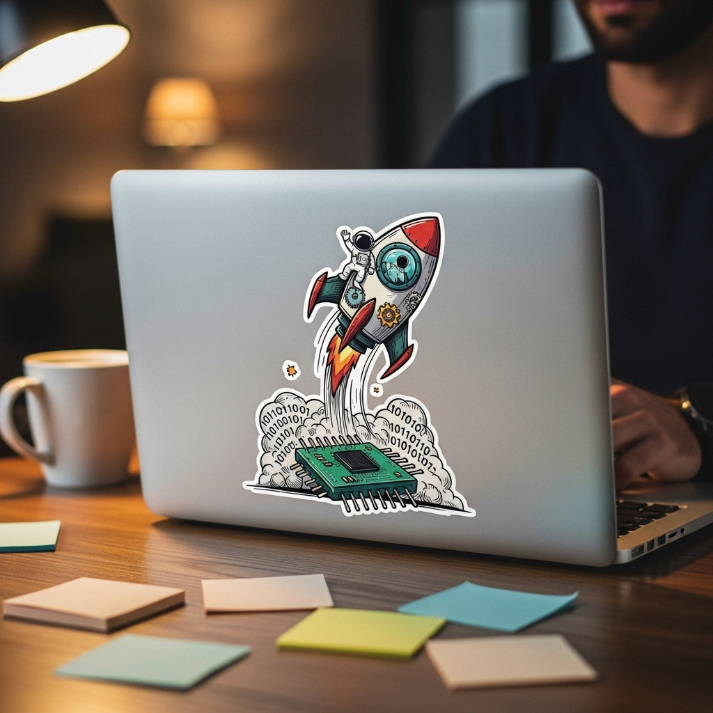 Laptop with a rocket and circuit board sticker on a desk with a person using the laptop.