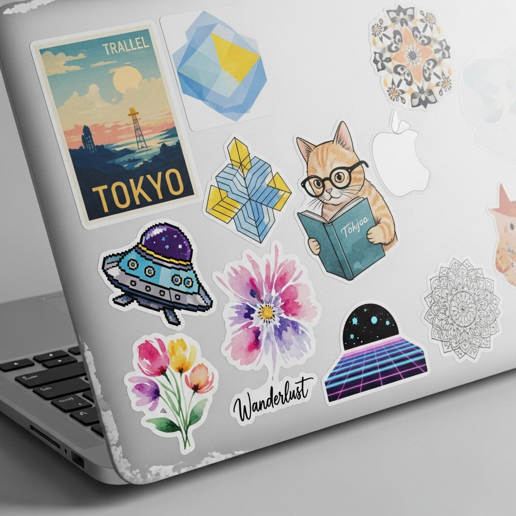 Laptop with various stickers on a light gray background