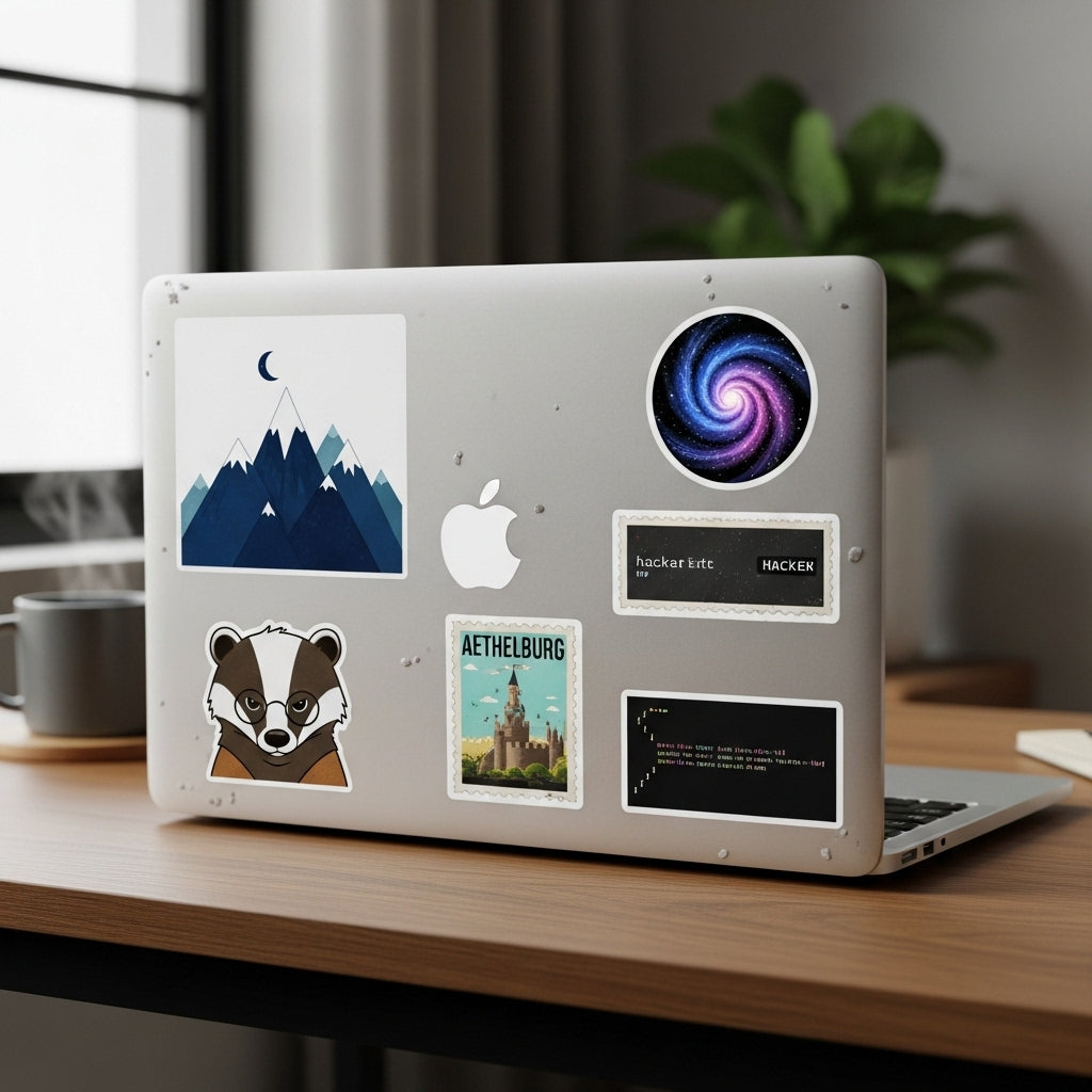 Laptop with various stickers on a desk in a room with a window and plant.