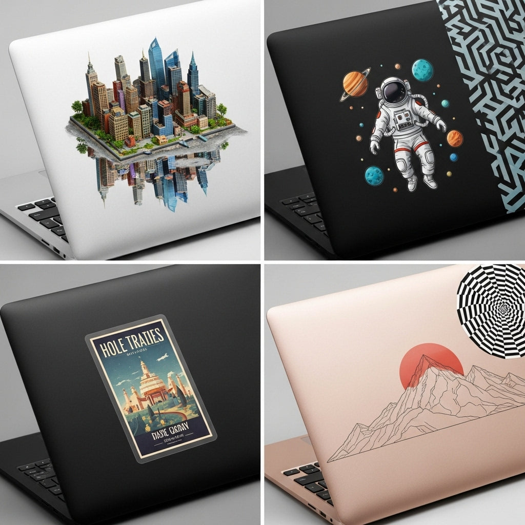 Four laptop skins with different designs on a gray background