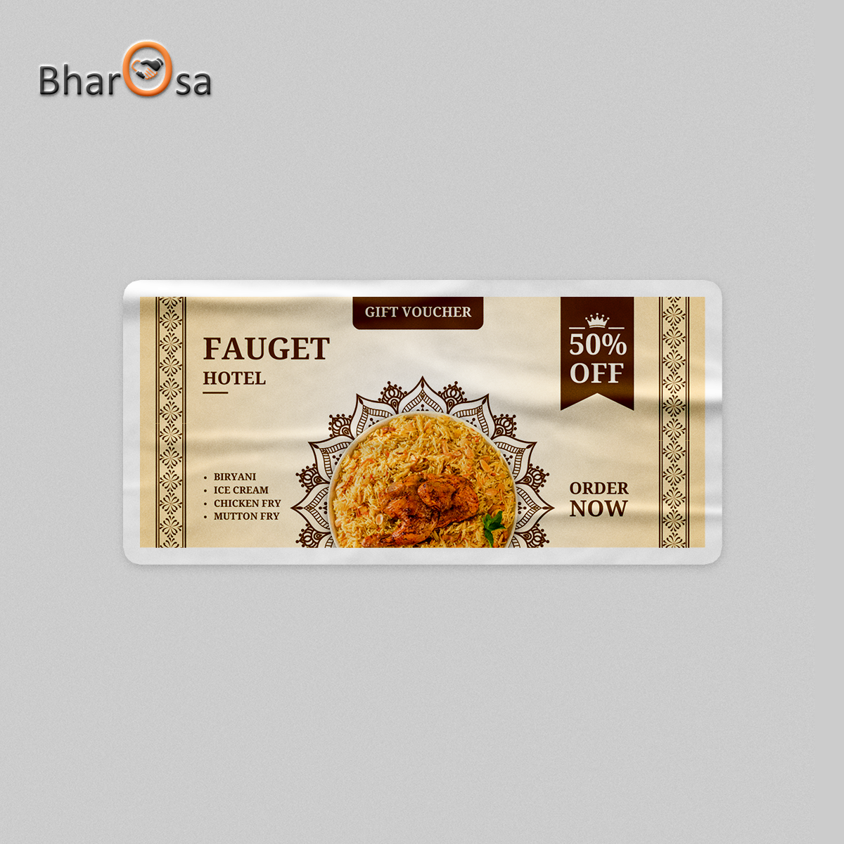 Gift voucher for Fauget Hotel with food image and promotional text on a gray background
