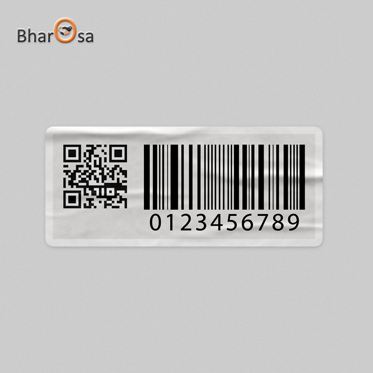 Barcode label with QR code and numbers on a gray background, featuring the Bharosa brand.