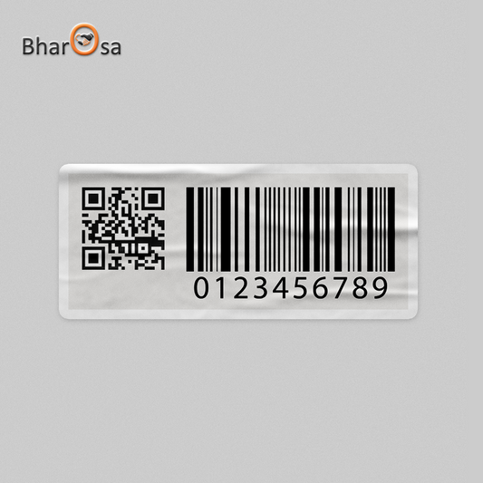 Barcode label with QR code and numbers on a gray background, featuring the Bharosa brand.